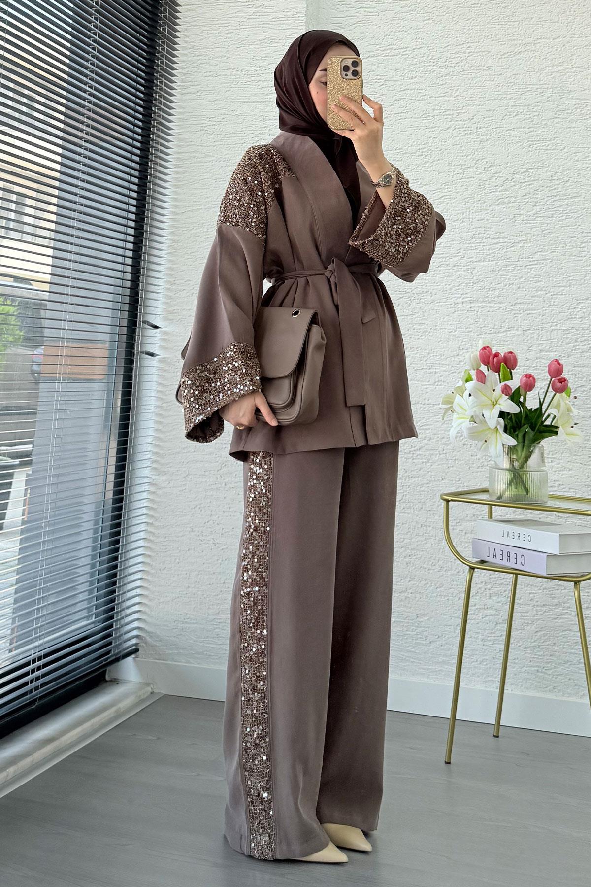 Premium Pul Detaylı Kimono İkili Takım – Kahverengi