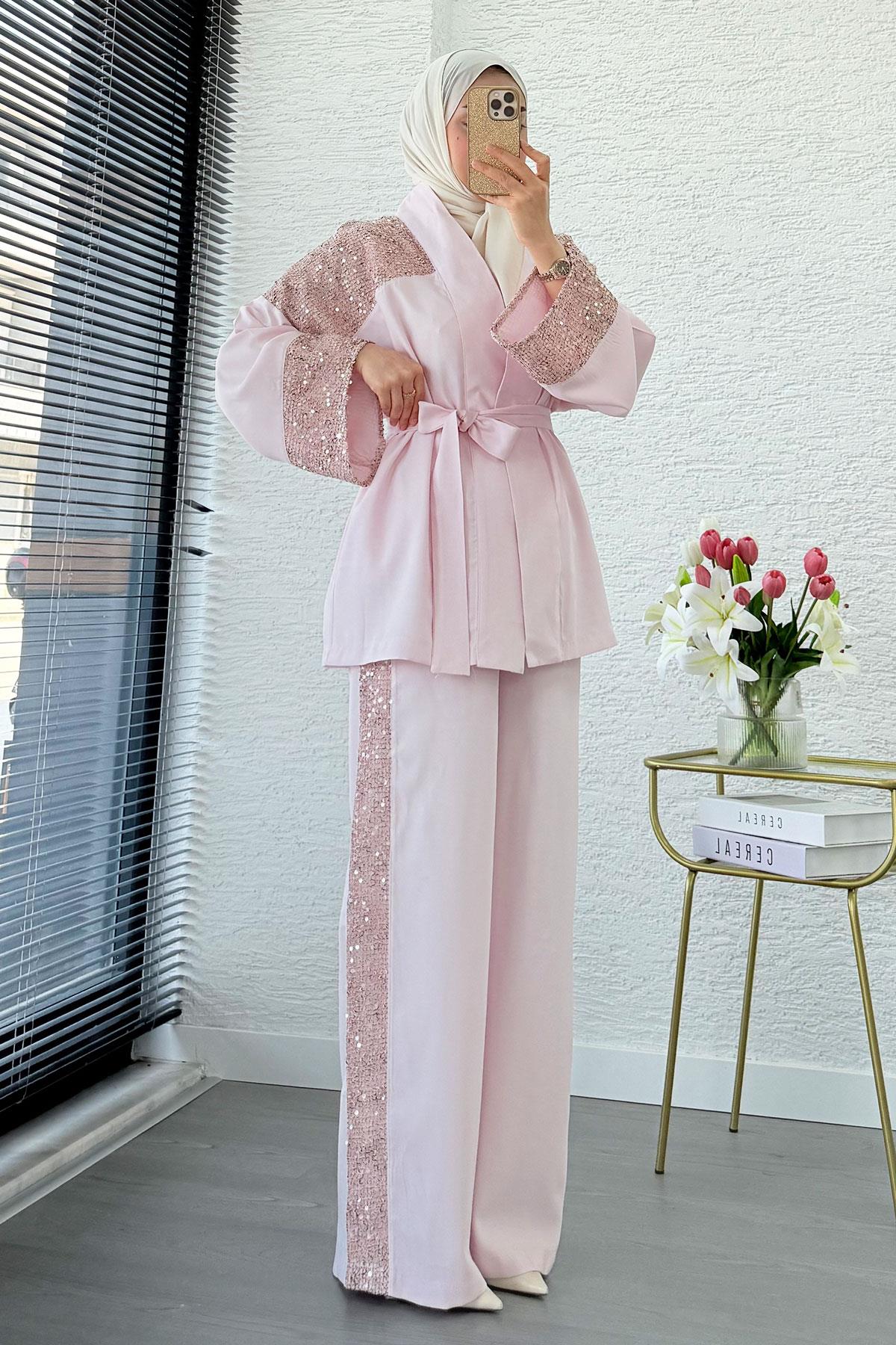Premium Pul Detaylı Kimono İkili Takım – Pembe