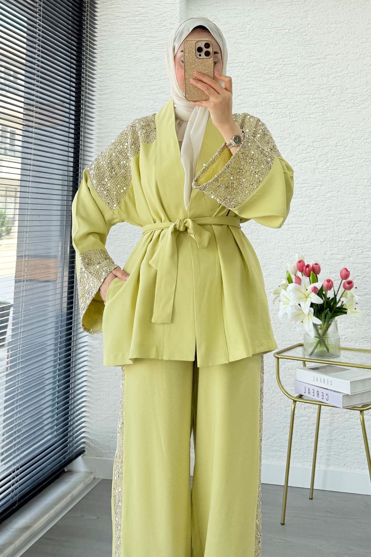 Premium Pul Detaylı Kimono İkili Takım – Olive