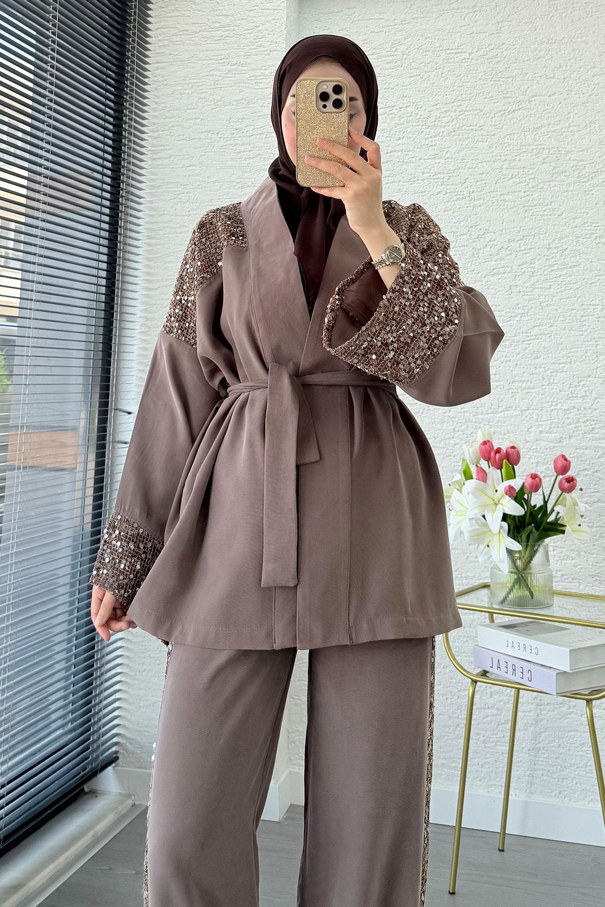Premium Pul Detaylı Kimono İkili Takım – Kahverengi