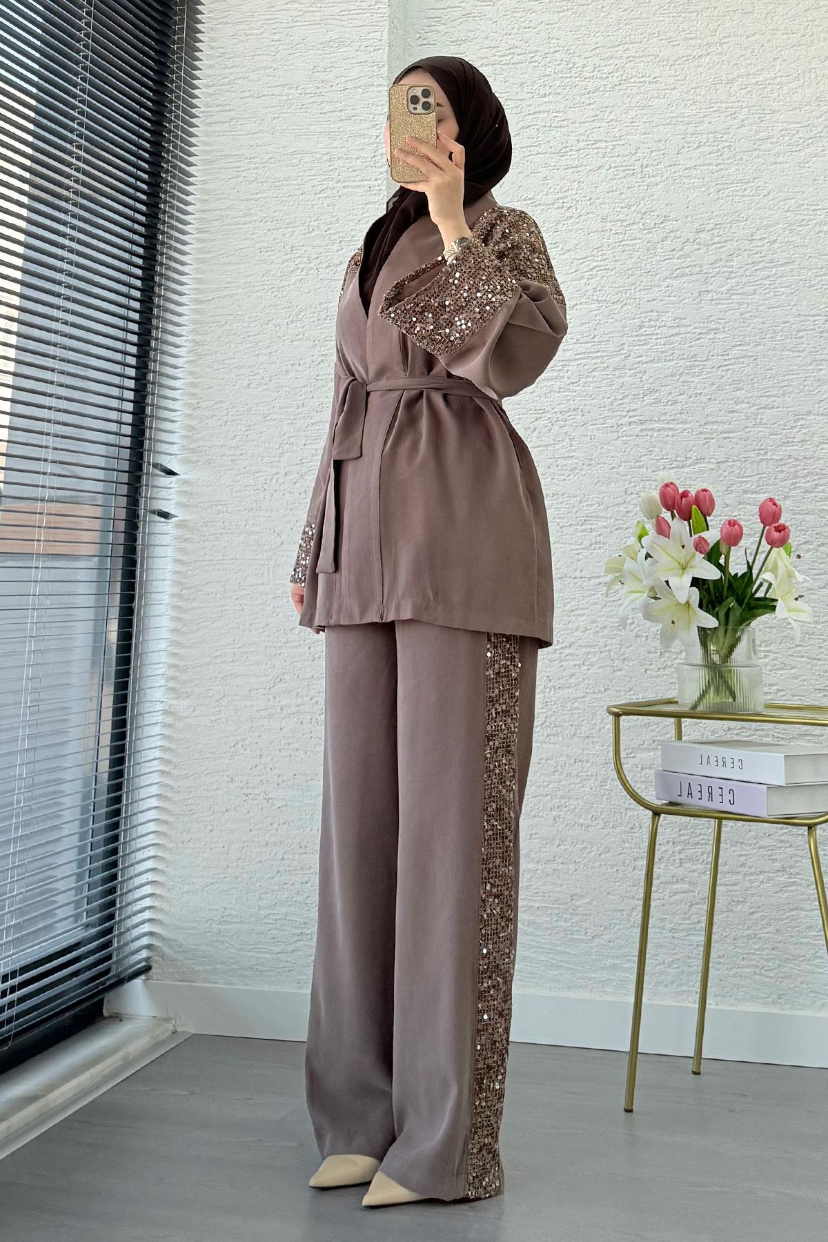 Premium Pul Detaylı Kimono İkili Takım – Kahverengi
