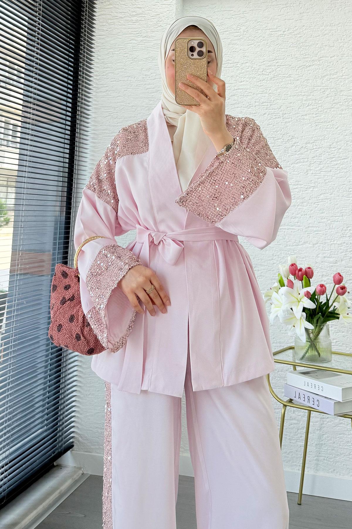 Premium Pul Detaylı Kimono İkili Takım – Pembe