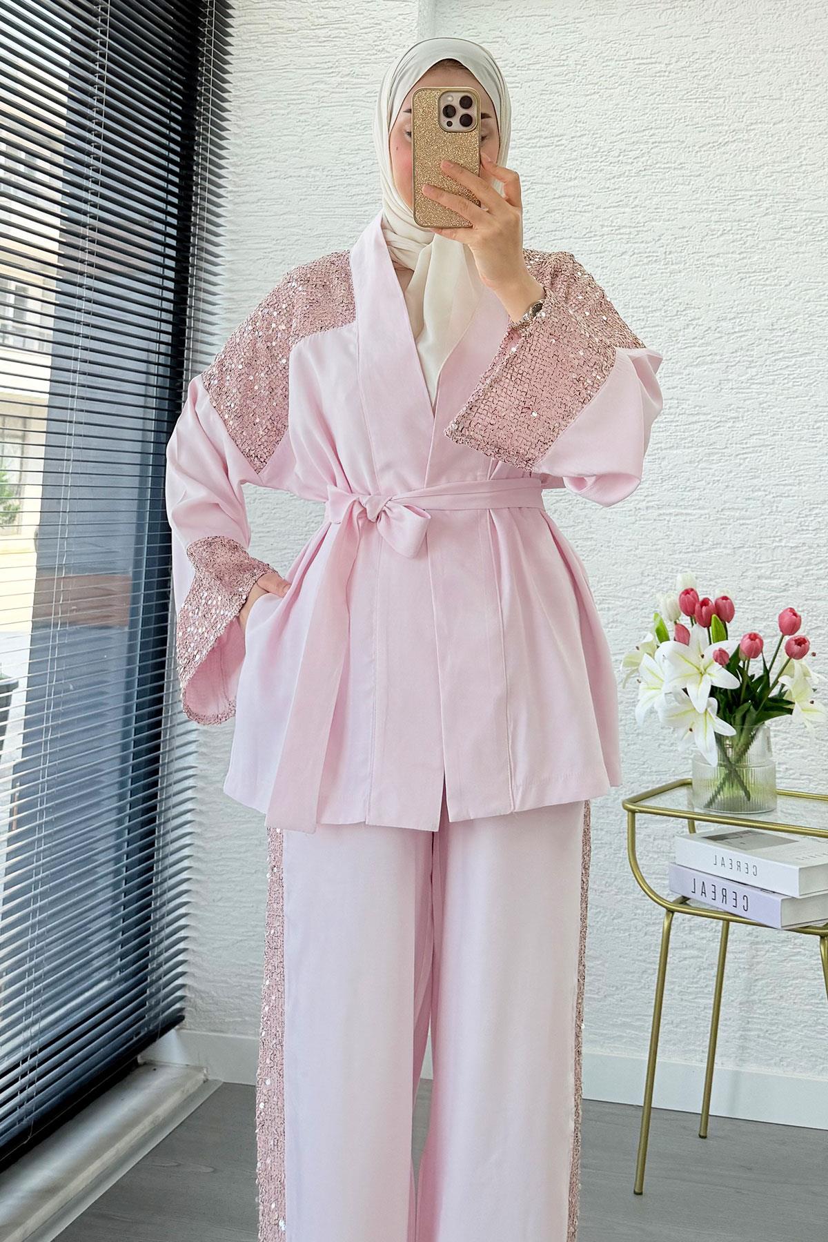 Premium Pul Detaylı Kimono İkili Takım – Pembe