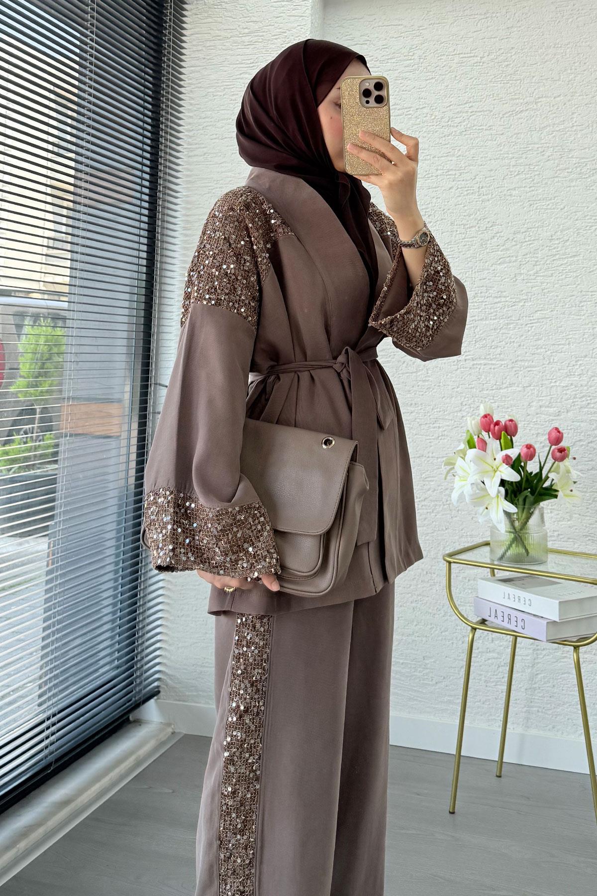 Premium Pul Detaylı Kimono İkili Takım – Kahverengi