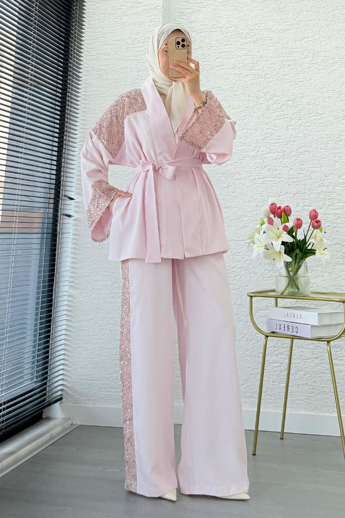 Premium Pul Detaylı Kimono İkili Takım – Pembe