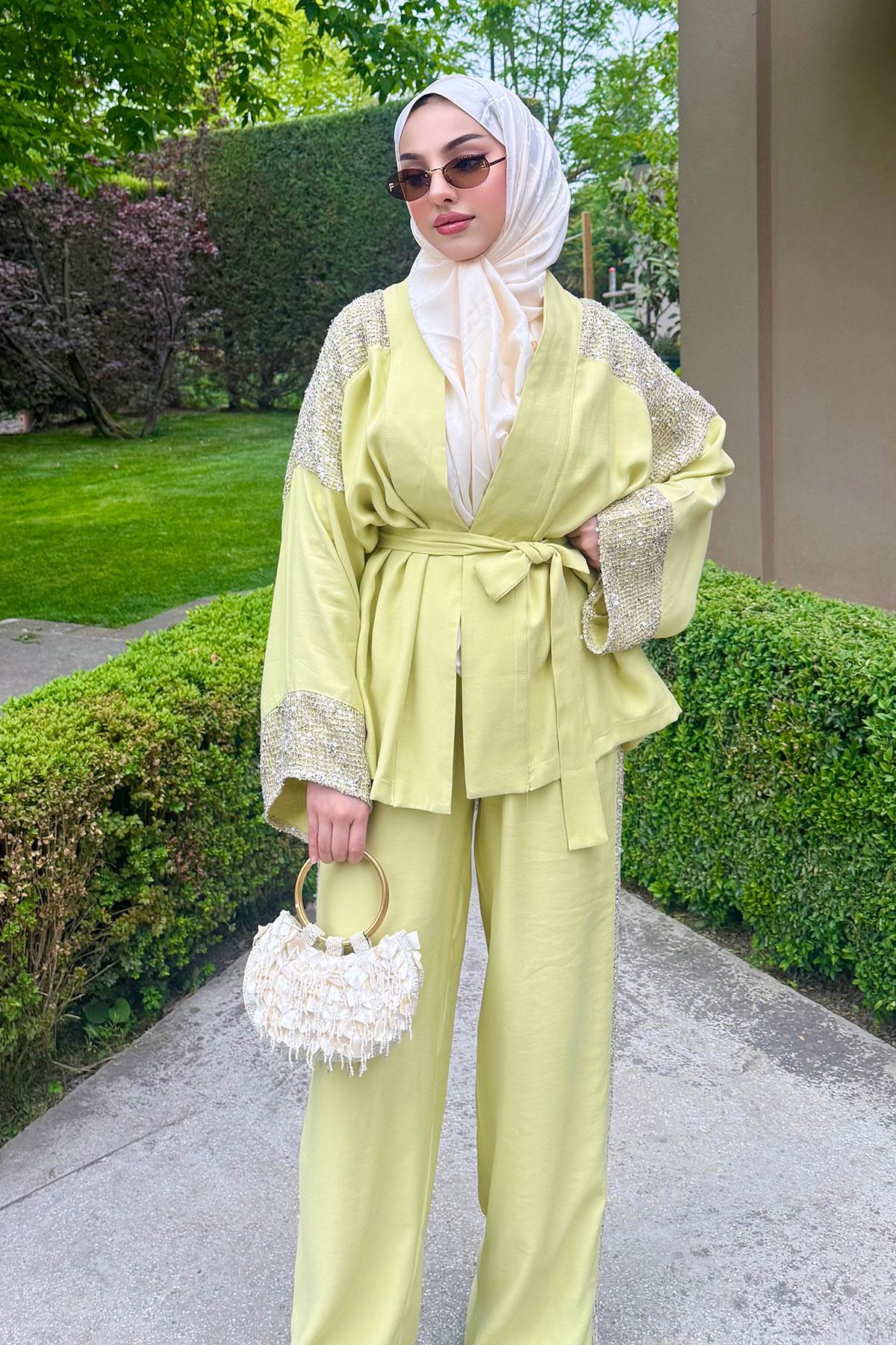 Premium Pul Detaylı Kimono İkili Takım – Olive