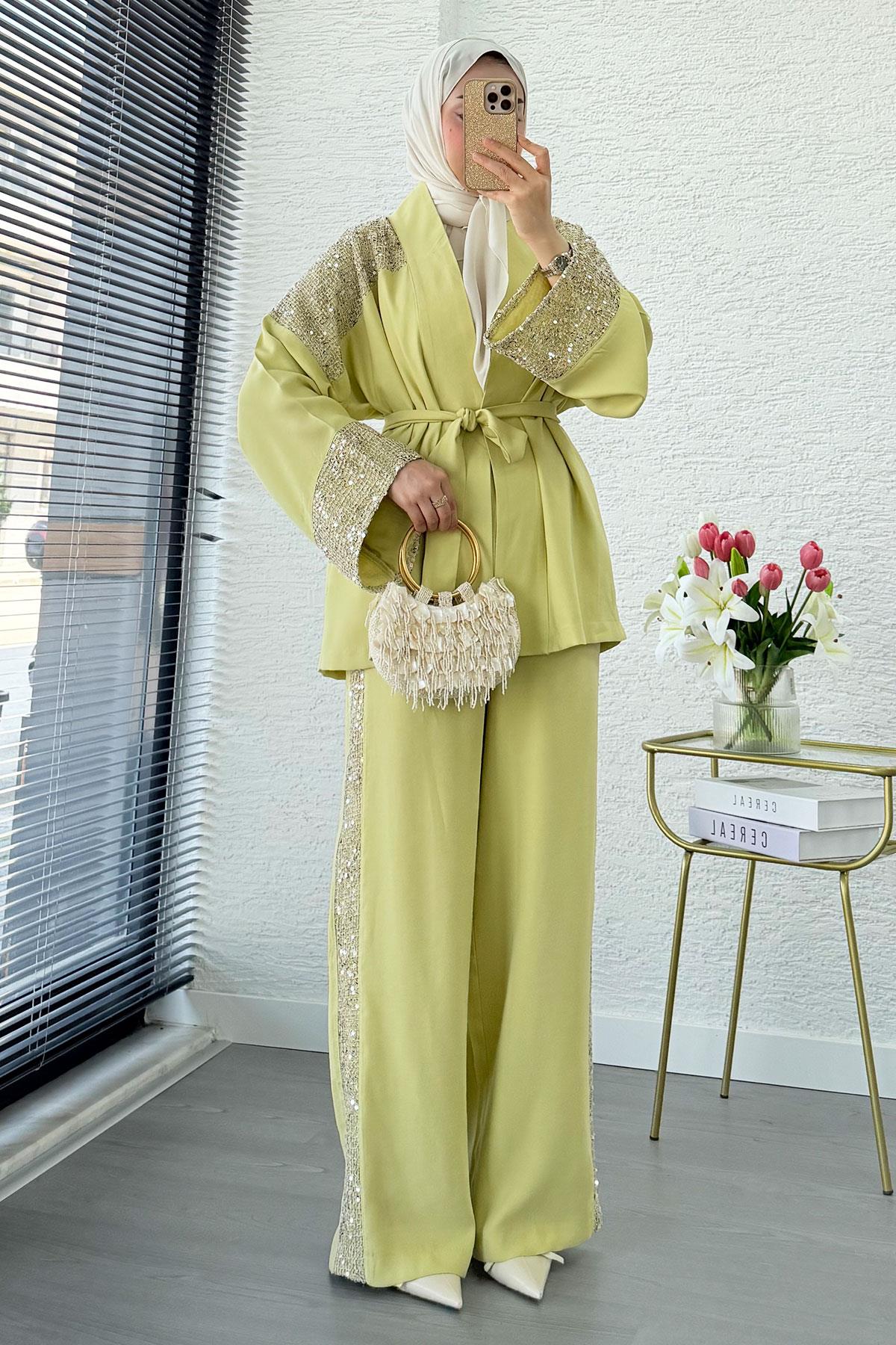 Premium Pul Detaylı Kimono İkili Takım – Olive