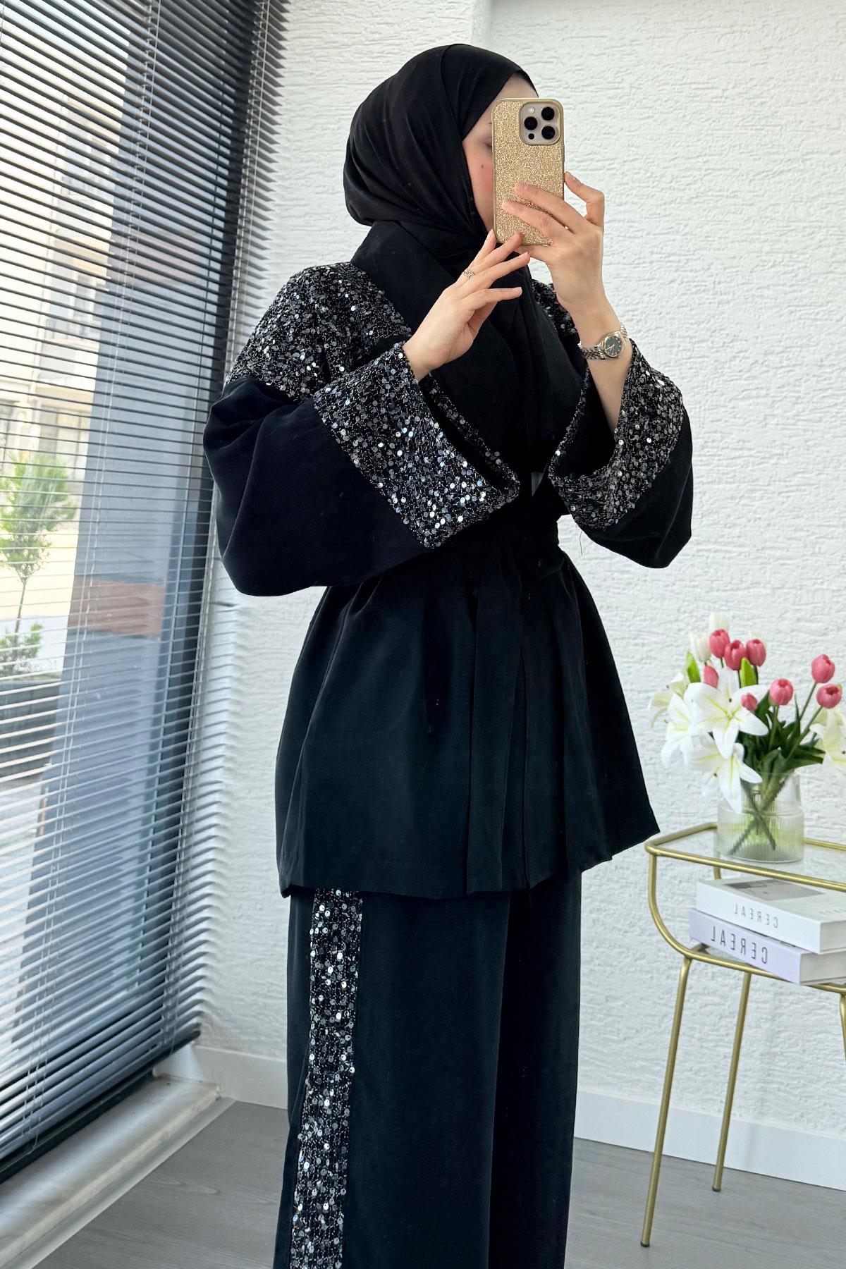Premium Pul Detaylı Kimono İkili Takım – Siyah