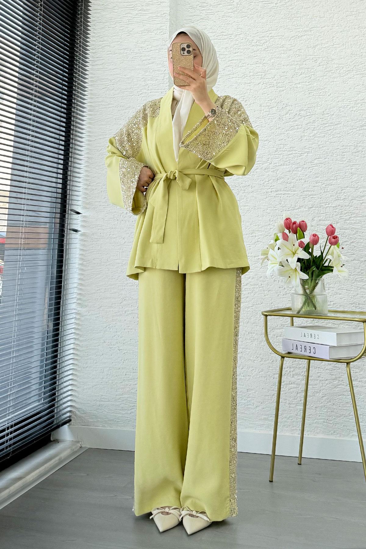 Premium Pul Detaylı Kimono İkili Takım – Olive