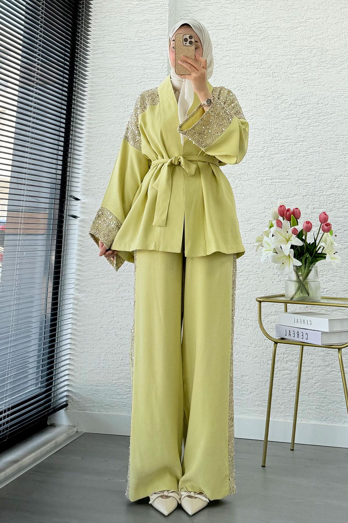Premium Pul Detaylı Kimono İkili Takım – Olive