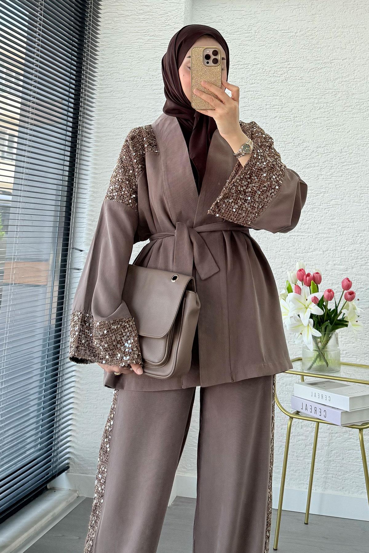 Premium Pul Detaylı Kimono İkili Takım – Kahverengi