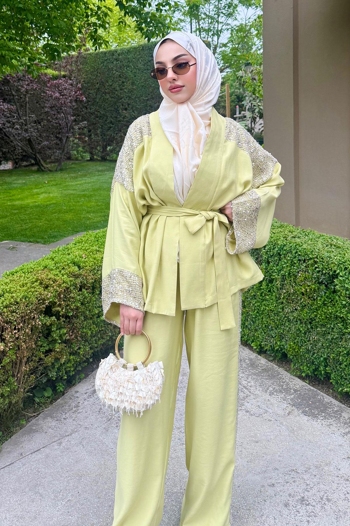 Premium Pul Detaylı Kimono İkili Takım – Olive