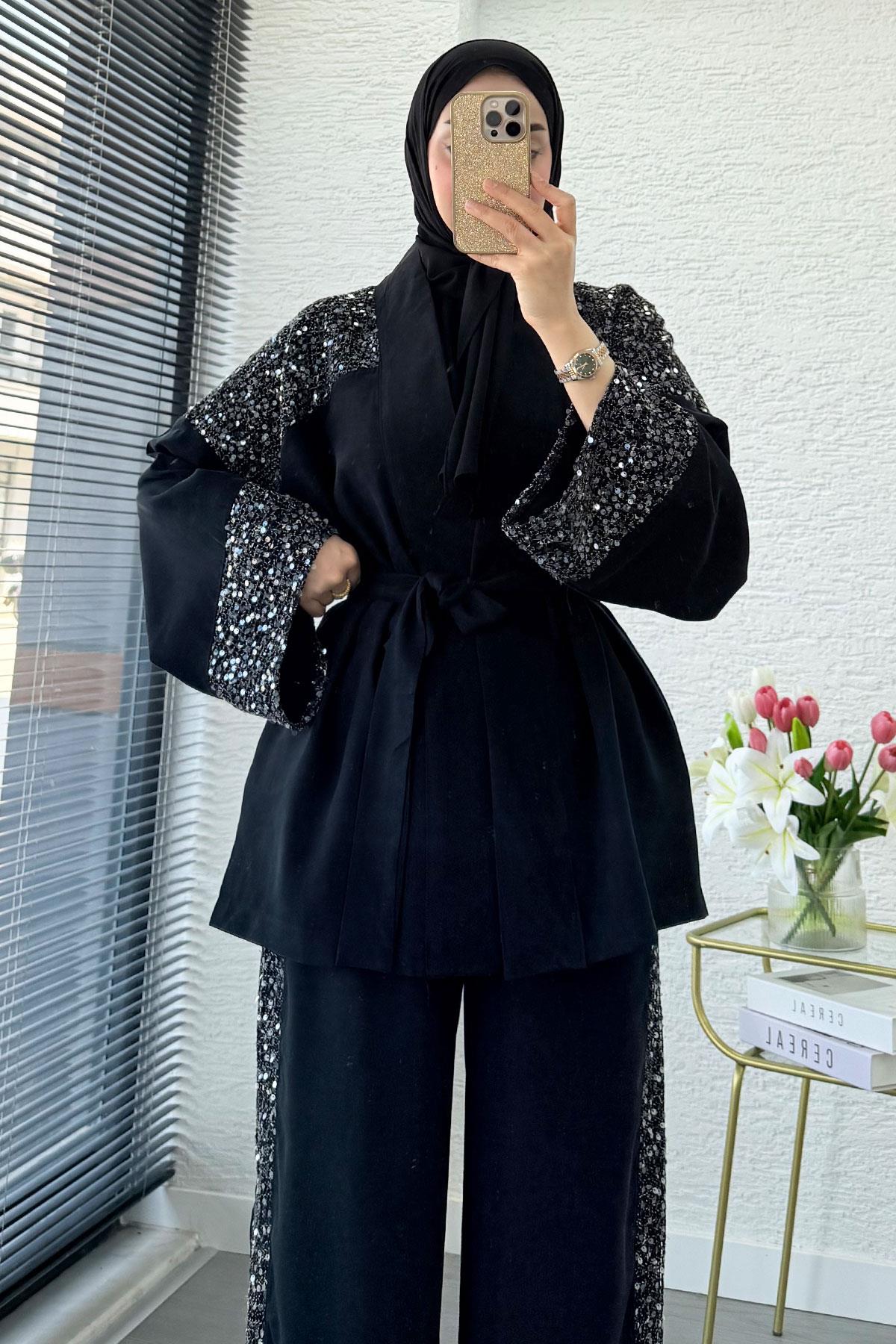 Premium Pul Detaylı Kimono İkili Takım – Siyah