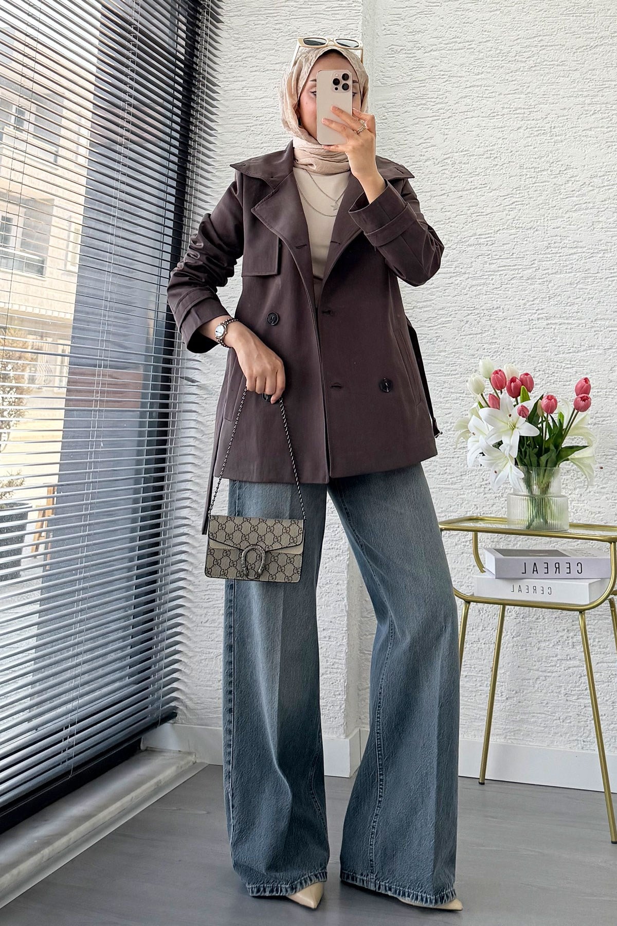 Premium Rüzgarlık Detaylı Kuşaklı Kadın Trençkot - Kahverengi
