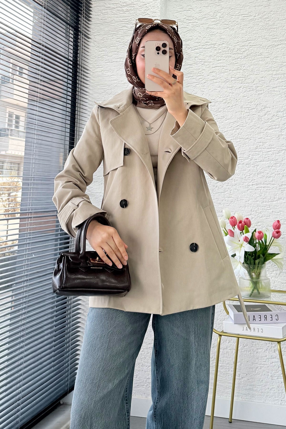 Premium Rüzgarlık Detaylı Kuşaklı Kadın Trençkot - Taş