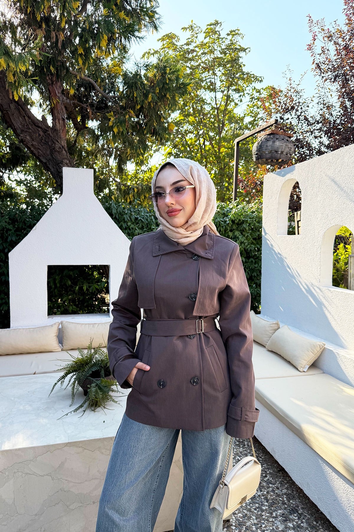Premium Rüzgarlık Detaylı Kuşaklı Kadın Trençkot - Kahverengi
