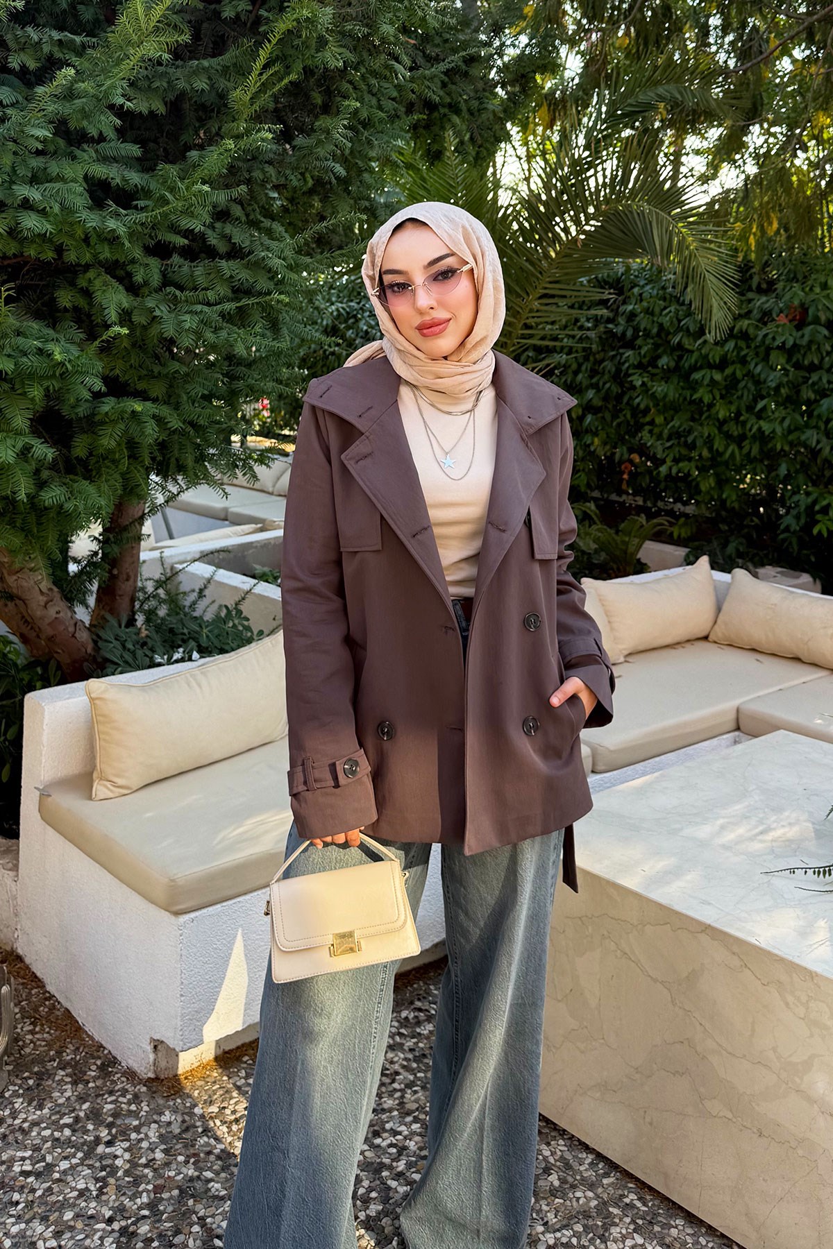 Premium Rüzgarlık Detaylı Kuşaklı Kadın Trençkot - Kahverengi