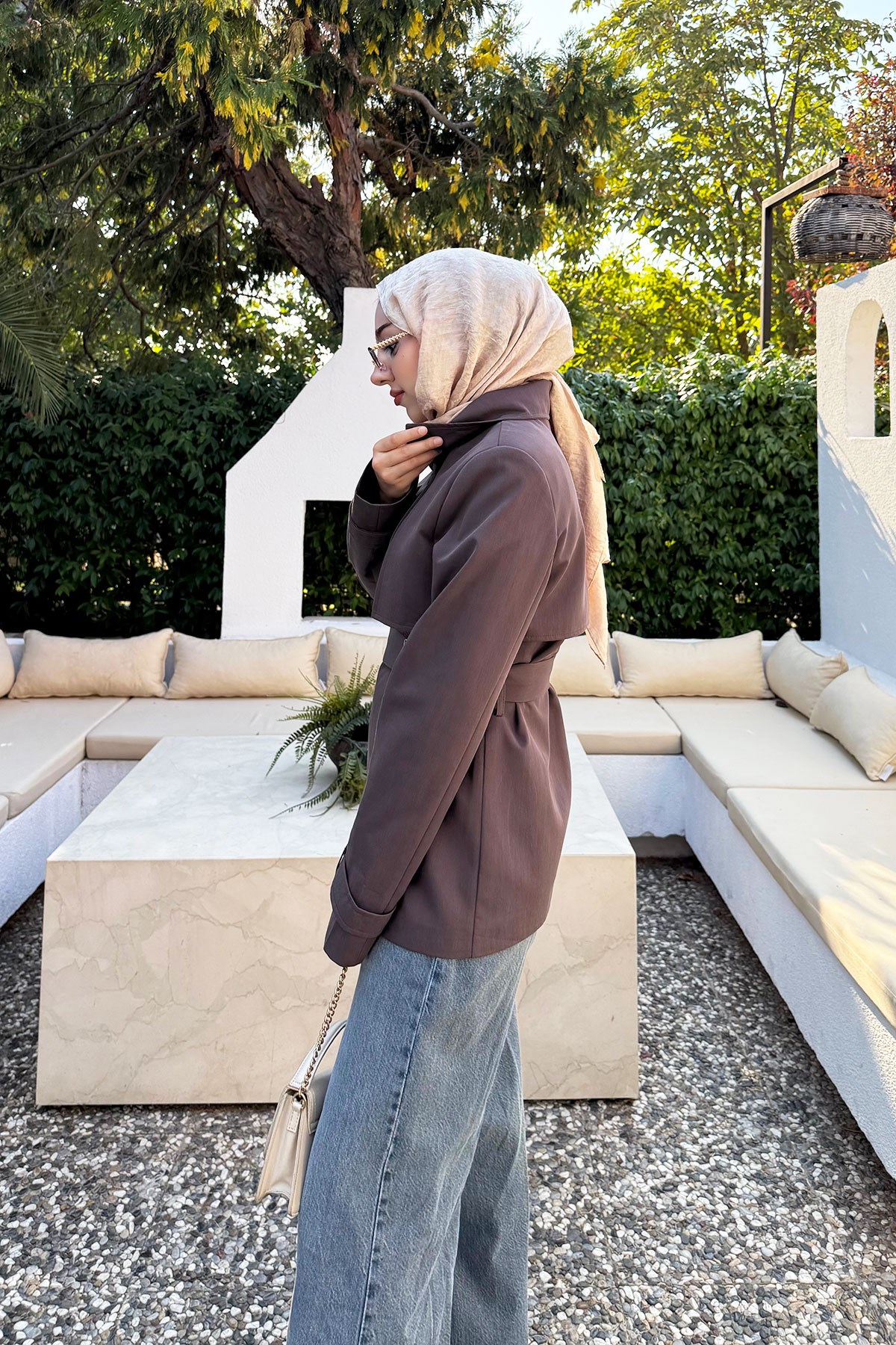 Premium Rüzgarlık Detaylı Kuşaklı Kadın Trençkot - Kahverengi