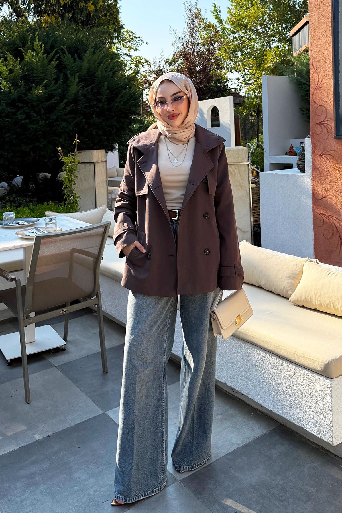 Premium Rüzgarlık Detaylı Kuşaklı Kadın Trençkot - Kahverengi