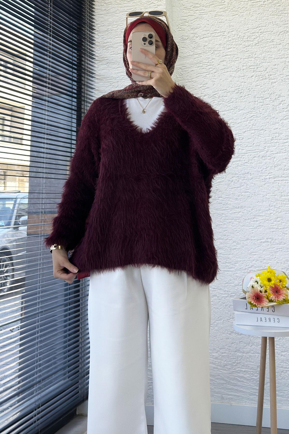 Premium Saçaklı V Yaka Yumoş Kazak – Bordo
