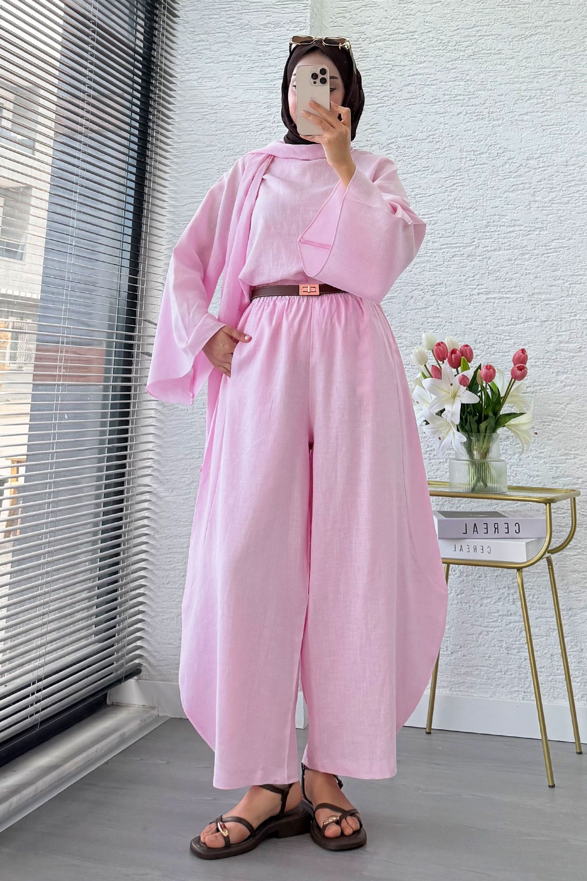 Premıum Şal Yaka Şalvar Kesim Keten Pantolon Takım - Pembe