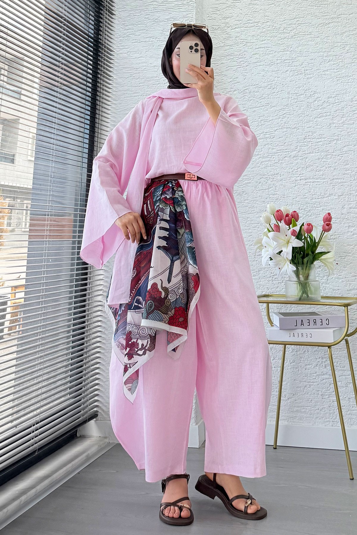 Premıum Şal Yaka Şalvar Kesim Keten Pantolon Takım - Pembe