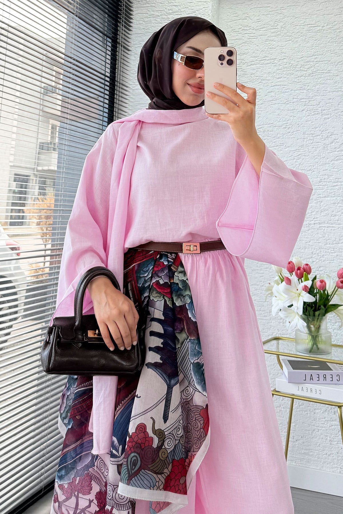 Premıum Şal Yaka Şalvar Kesim Keten Pantolon Takım - Pembe