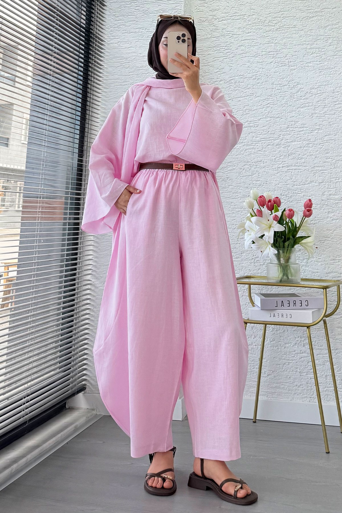 Premıum Şal Yaka Şalvar Kesim Keten Pantolon Takım - Pembe