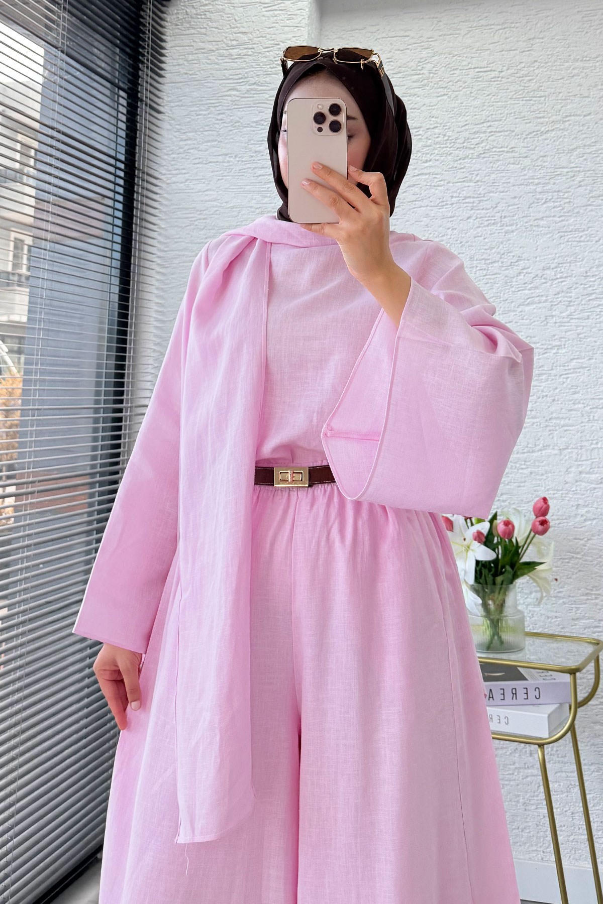 Premıum Şal Yaka Şalvar Kesim Keten Pantolon Takım - Pembe