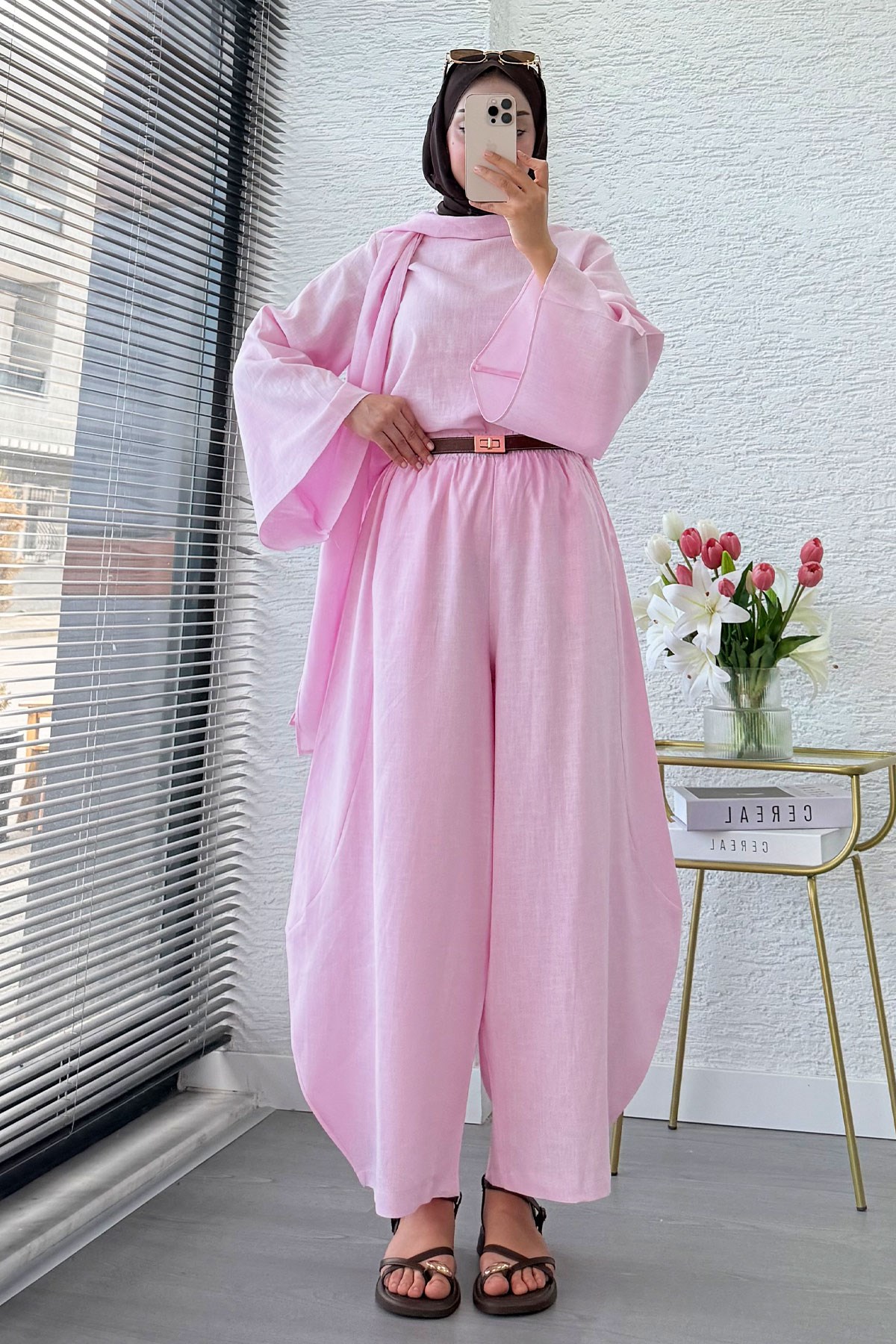 Premıum Şal Yaka Şalvar Kesim Keten Pantolon Takım - Pembe