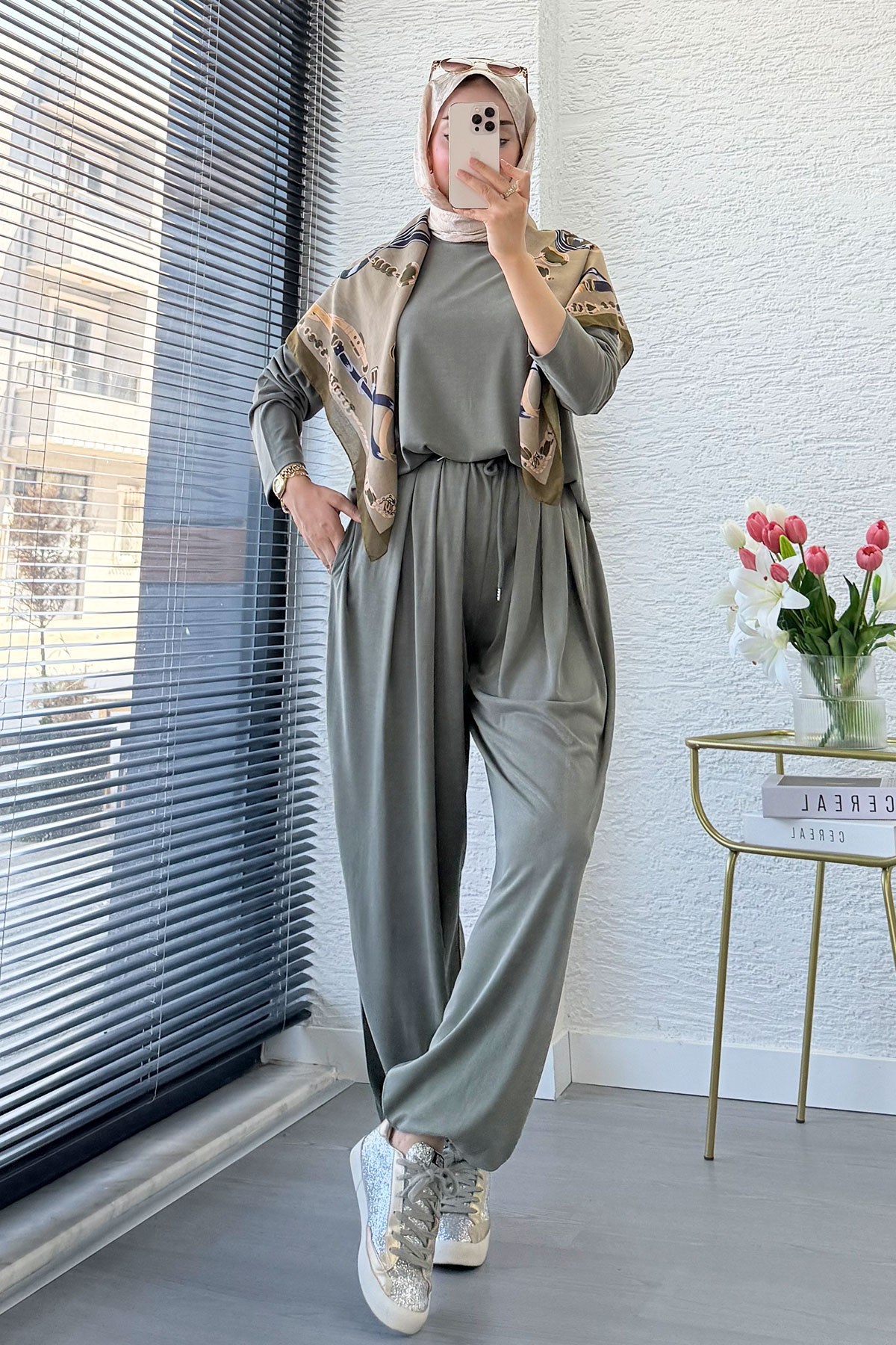 Premium Şalvar Kesim Double Face Pantolon Takım - Haki