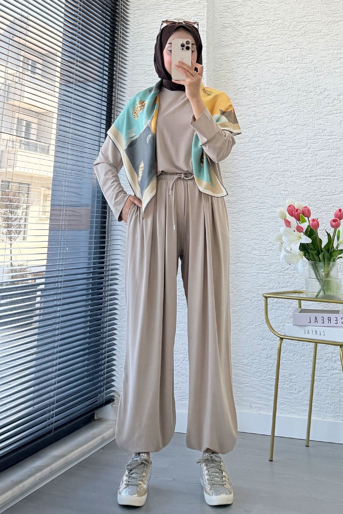 Premium Şalvar Kesim Double Face Pantolon Takım - Taş
