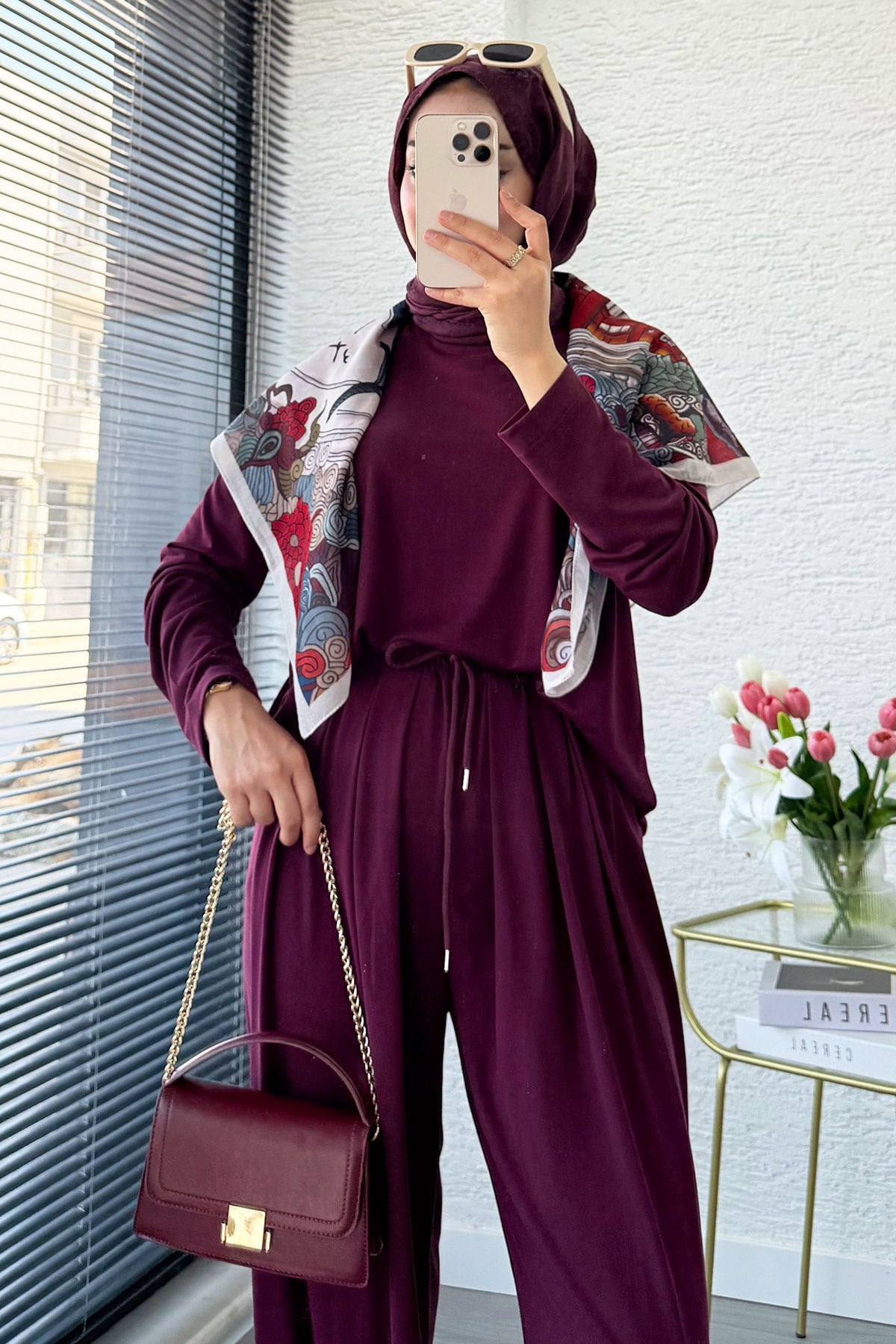 Premium Şalvar Kesim Double Face Pantolon Takım - Mürdüm
