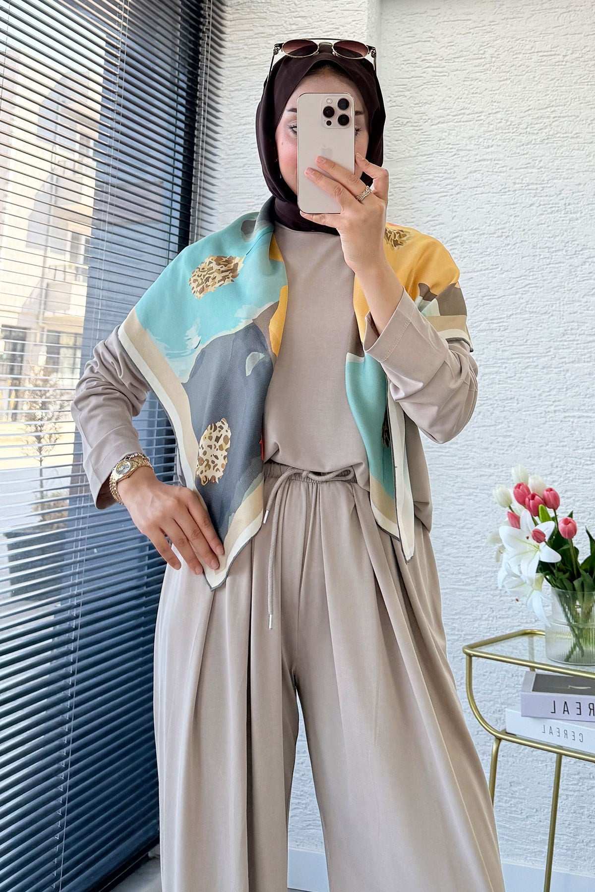 Premium Şalvar Kesim Double Face Pantolon Takım - Taş