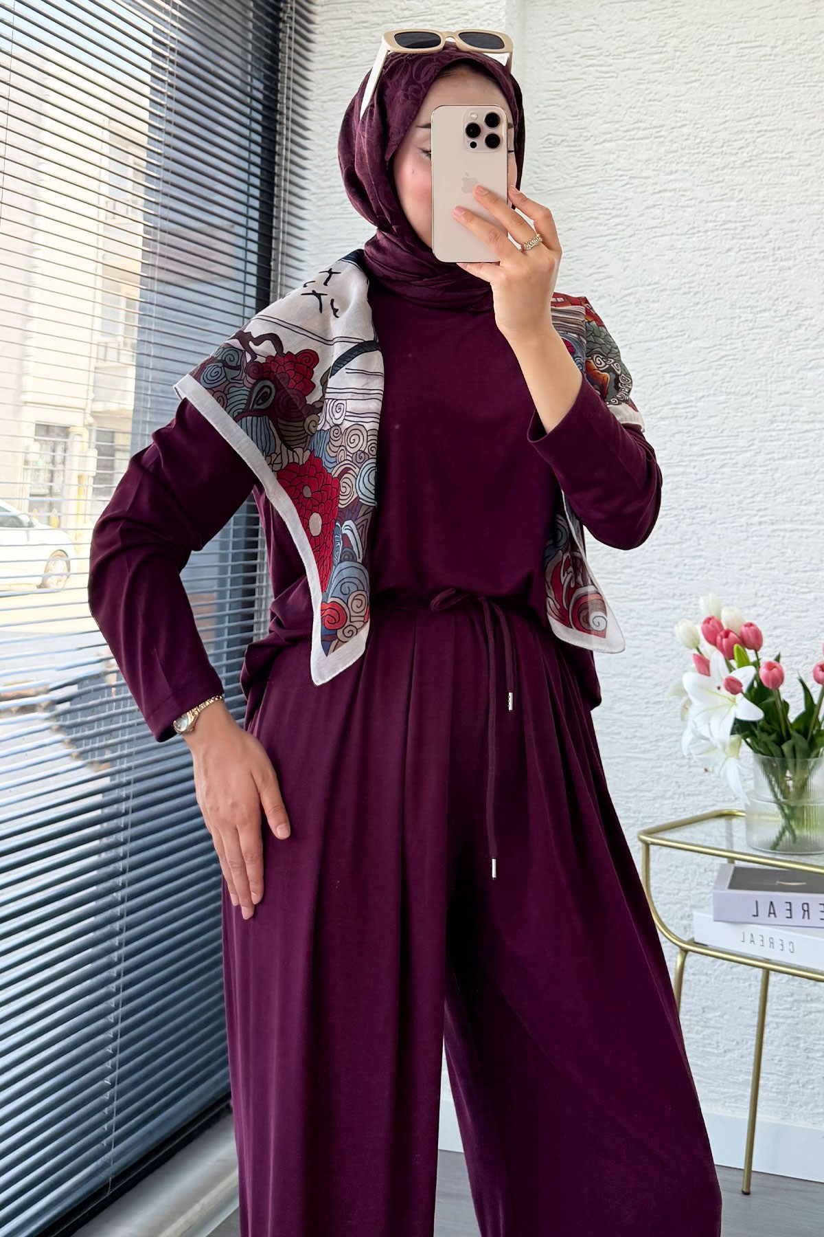 Premium Şalvar Kesim Double Face Pantolon Takım - Mürdüm