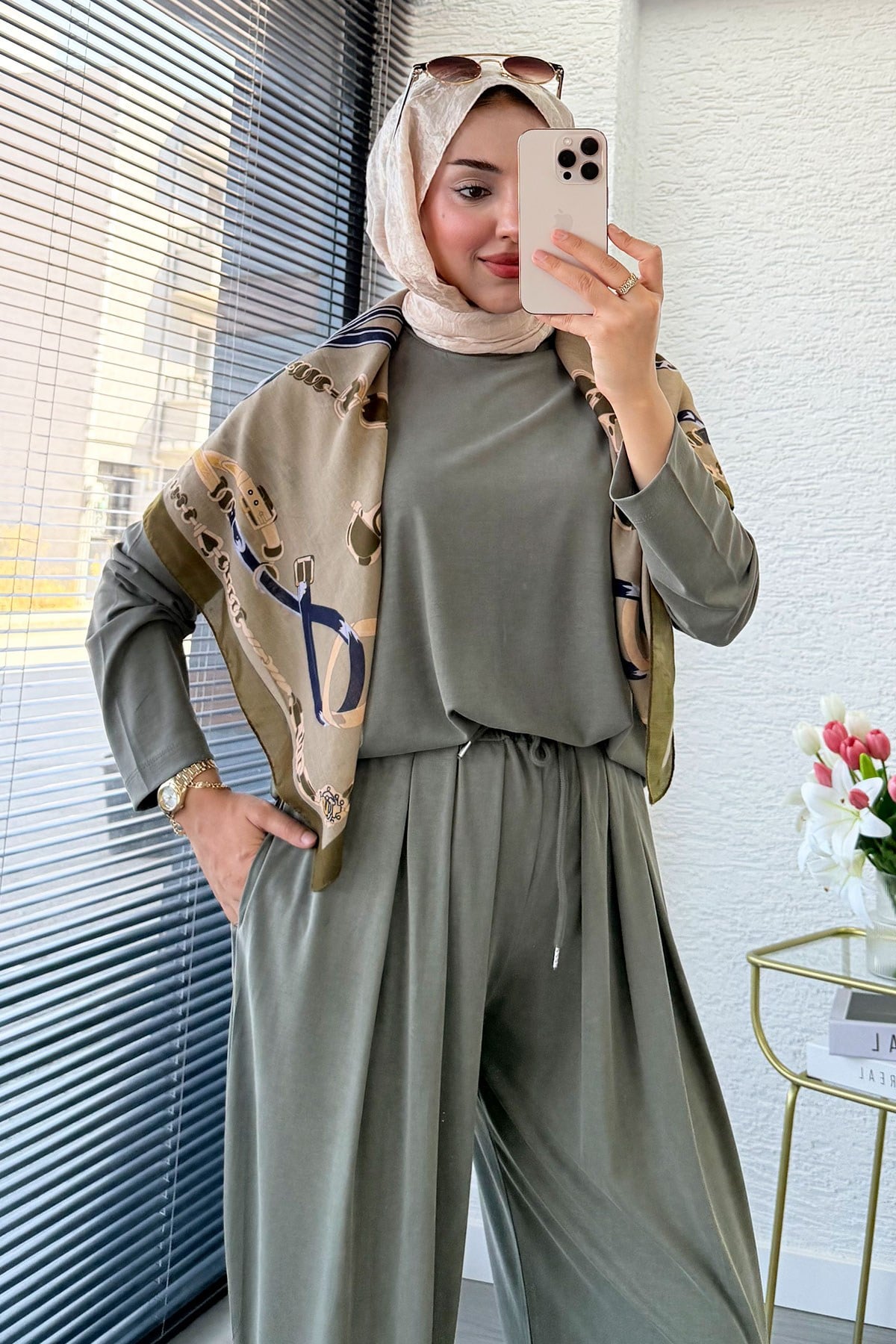 Premium Şalvar Kesim Double Face Pantolon Takım - Haki