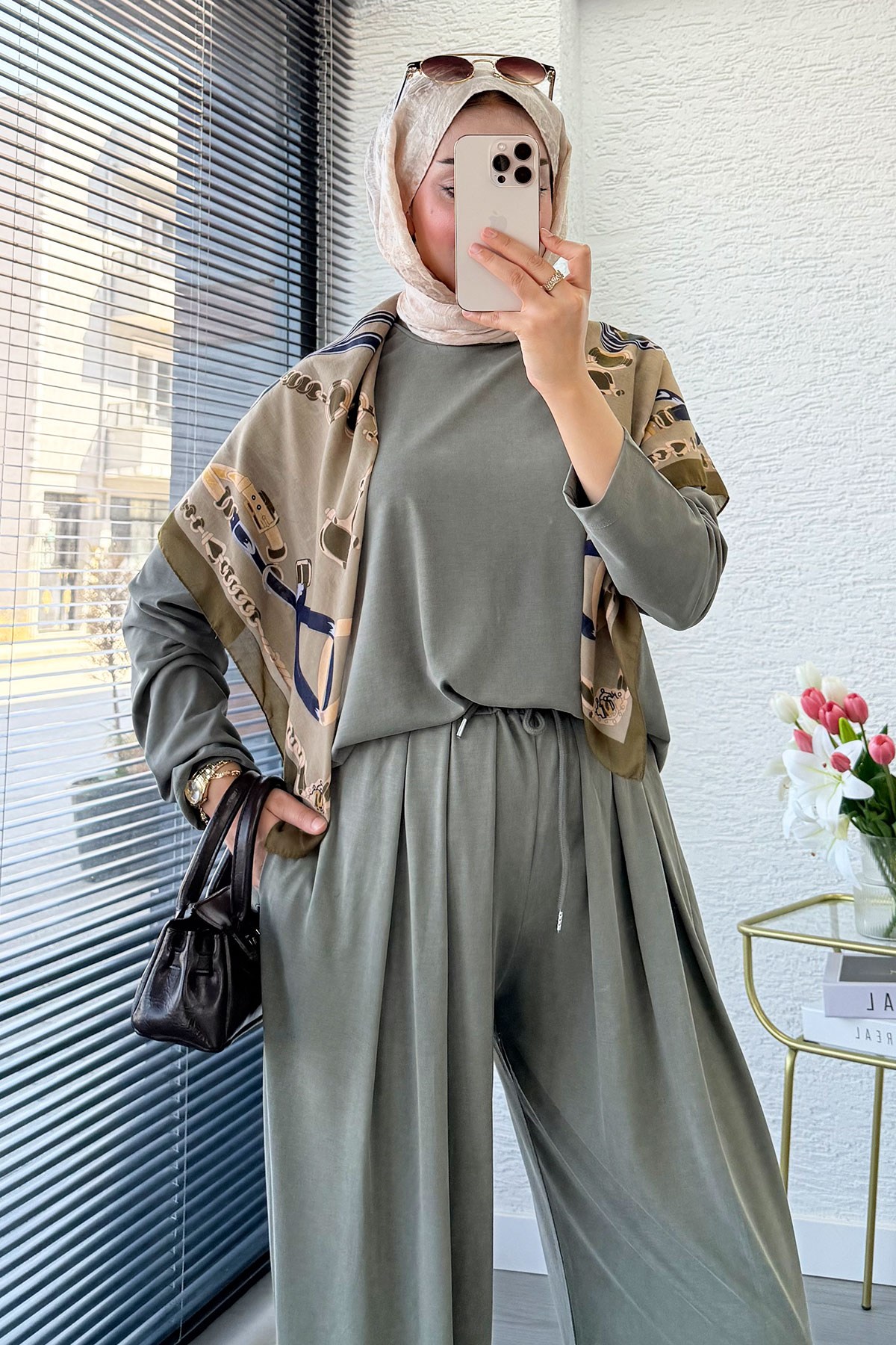 Premium Şalvar Kesim Double Face Pantolon Takım - Haki