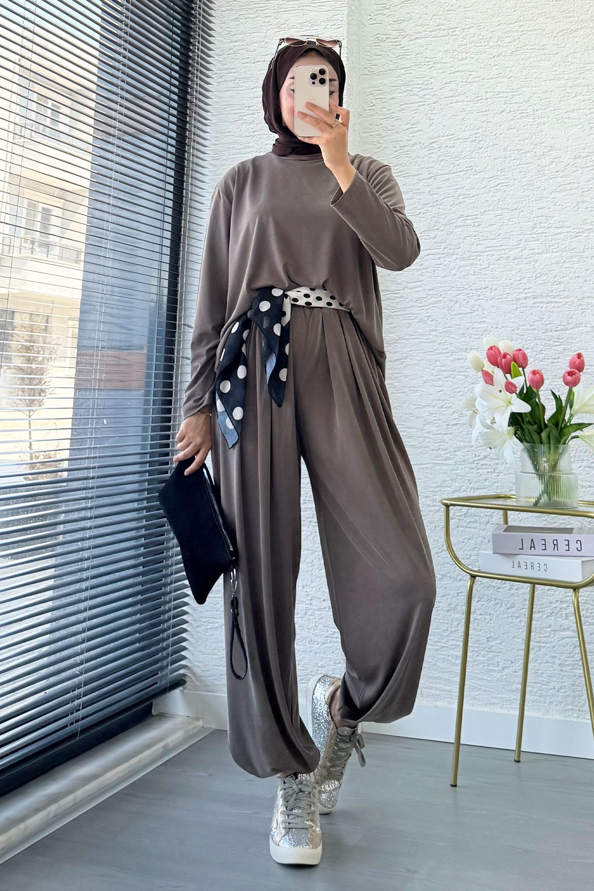 Premium Şalvar Kesim Double Face Pantolon Takım - Vizon