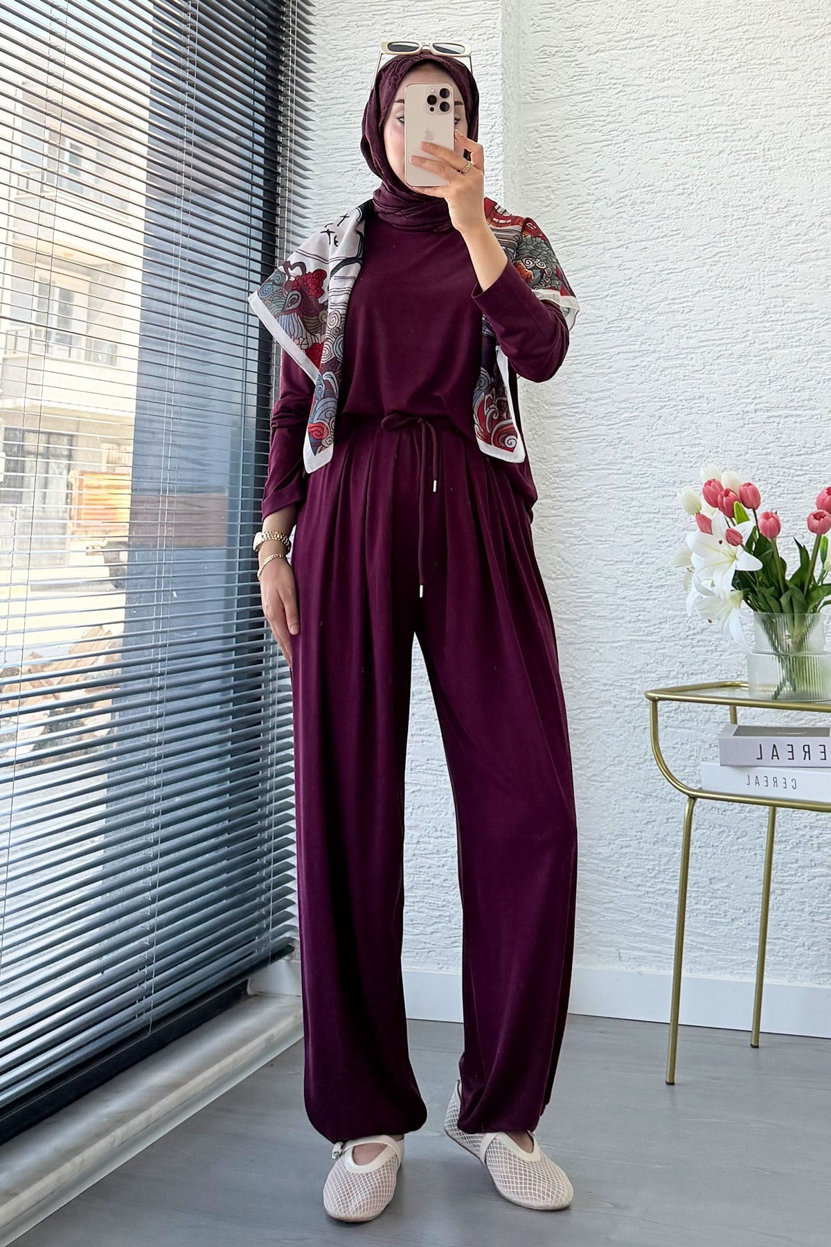 Premium Şalvar Kesim Double Face Pantolon Takım - Mürdüm