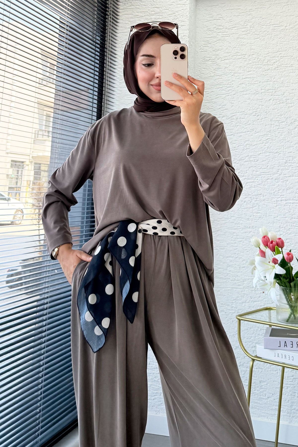 Premium Şalvar Kesim Double Face Pantolon Takım - Vizon