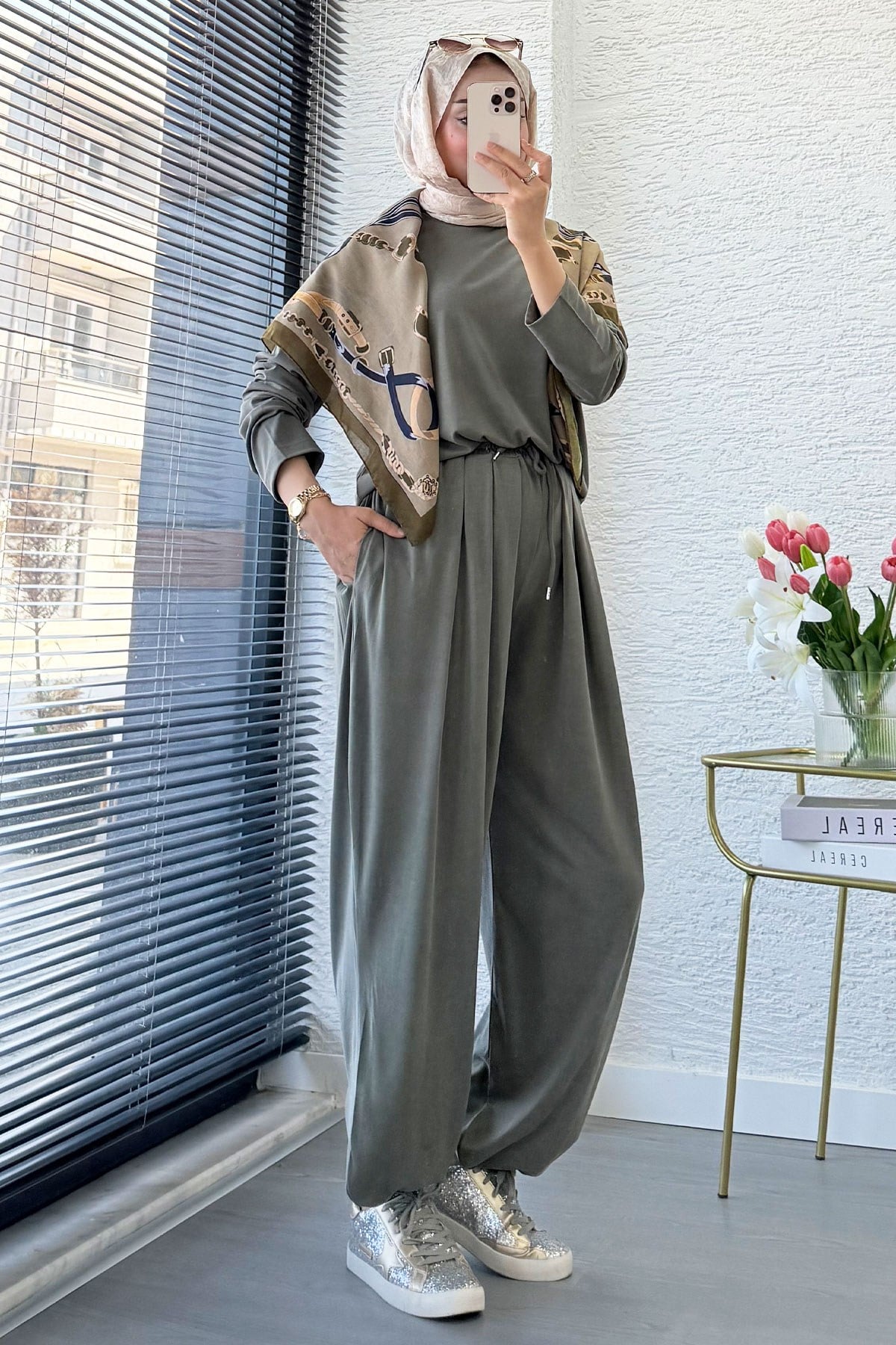 Premium Şalvar Kesim Double Face Pantolon Takım - Haki