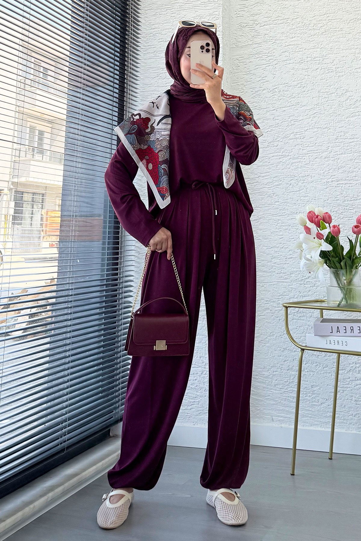 Premium Şalvar Kesim Double Face Pantolon Takım - Mürdüm