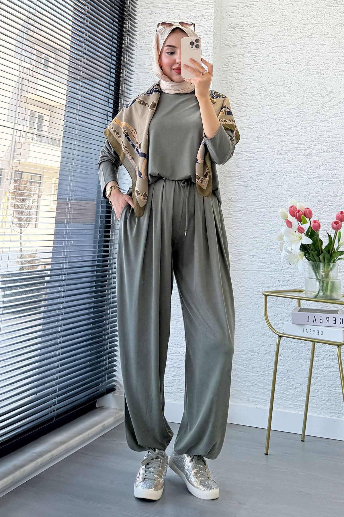 Premium Şalvar Kesim Double Face Pantolon Takım - Haki