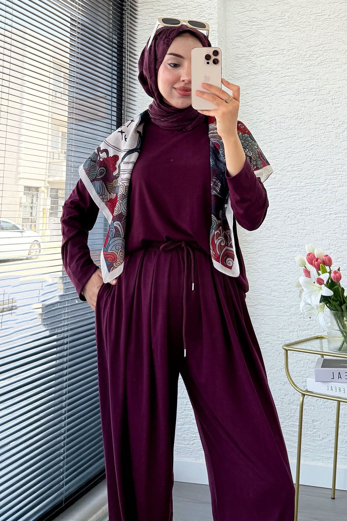 Premium Şalvar Kesim Double Face Pantolon Takım - Mürdüm