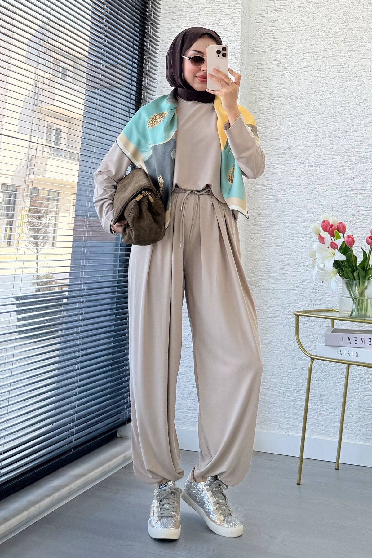 Premium Şalvar Kesim Double Face Pantolon Takım - Taş