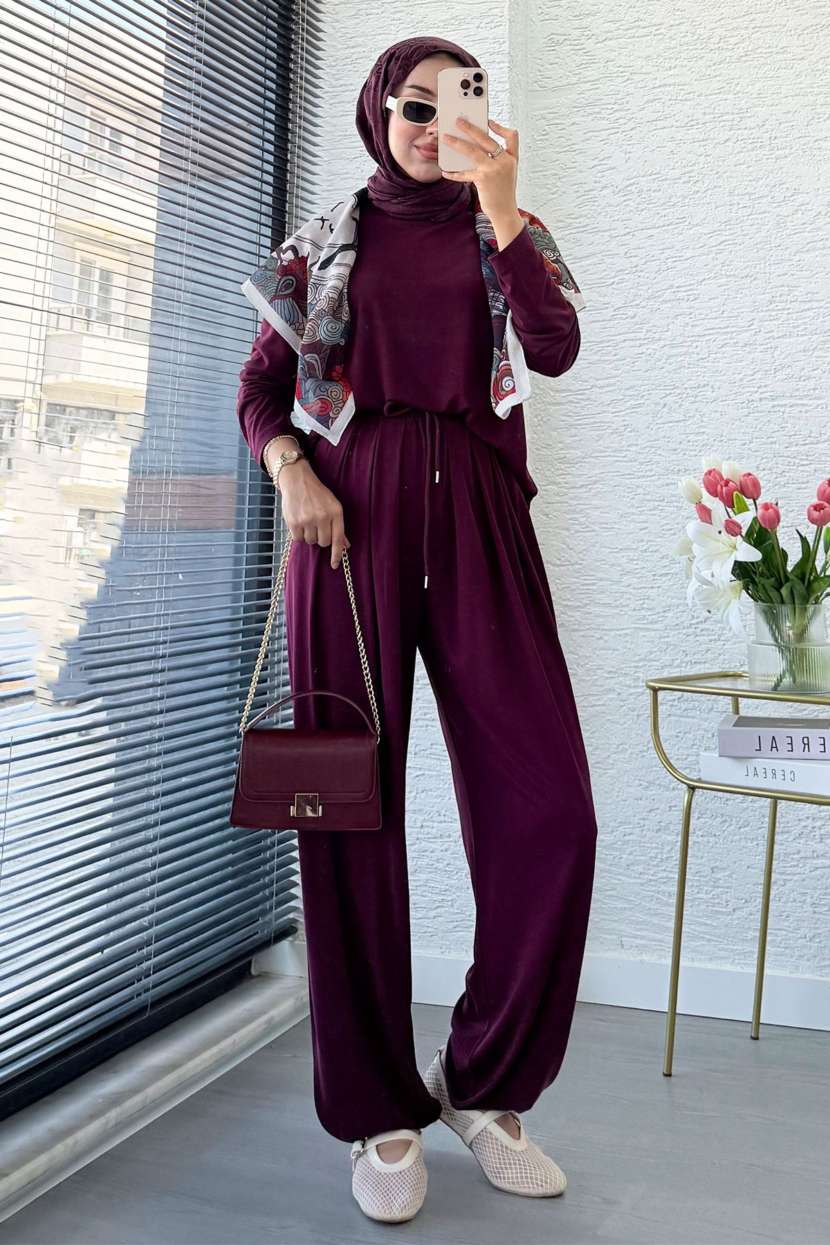 Premium Şalvar Kesim Double Face Pantolon Takım - Mürdüm