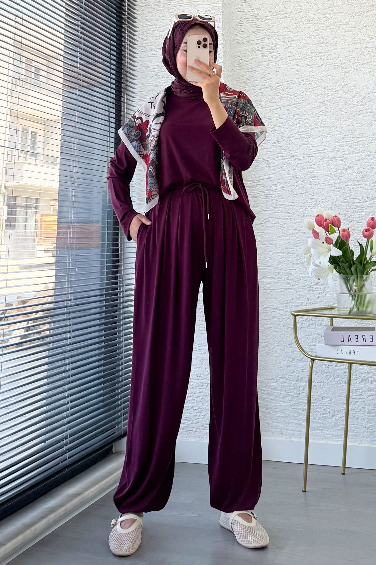 Premium Şalvar Kesim Double Face Pantolon Takım - Mürdüm