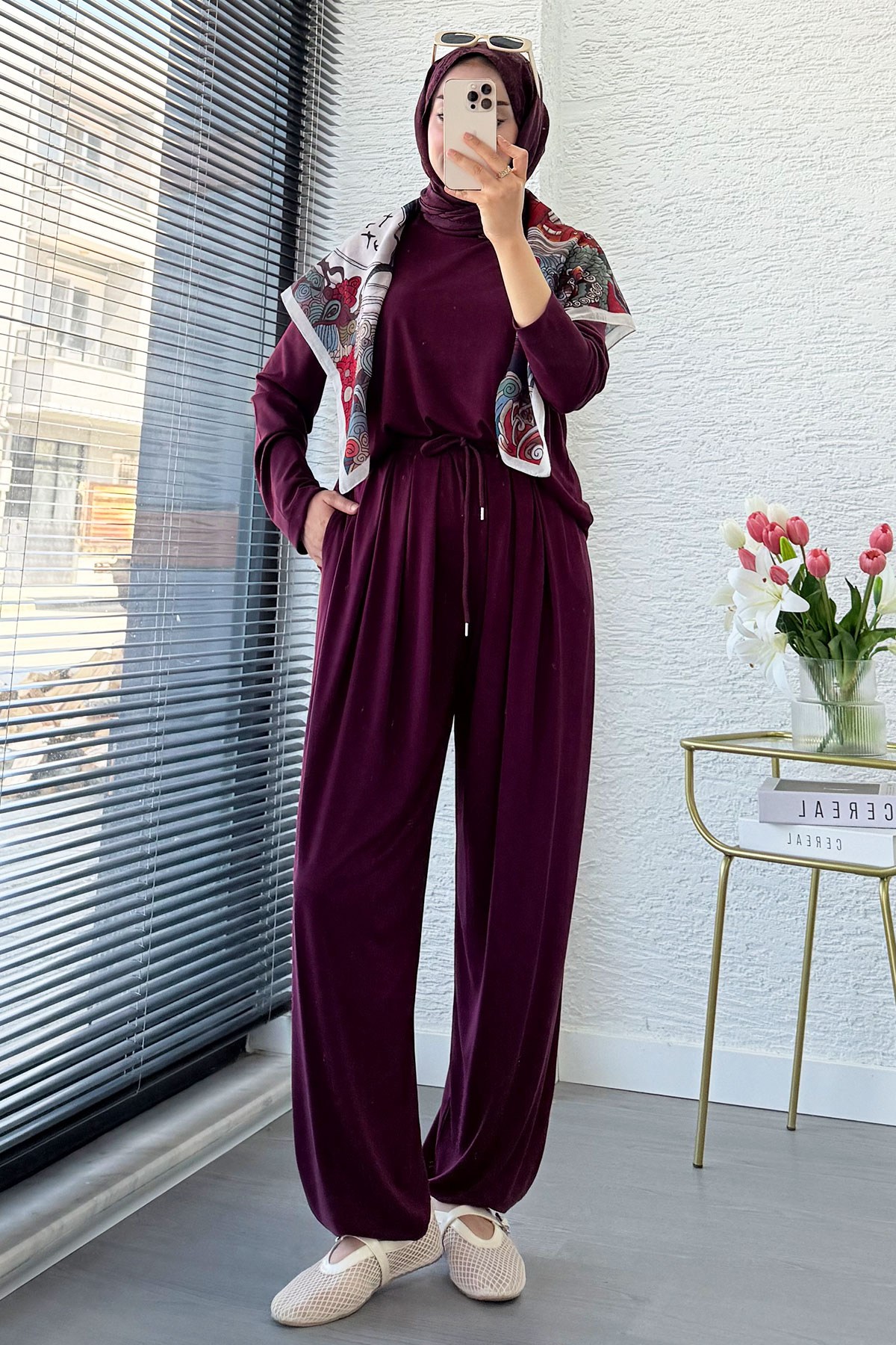 Premium Şalvar Kesim Double Face Pantolon Takım - Mürdüm