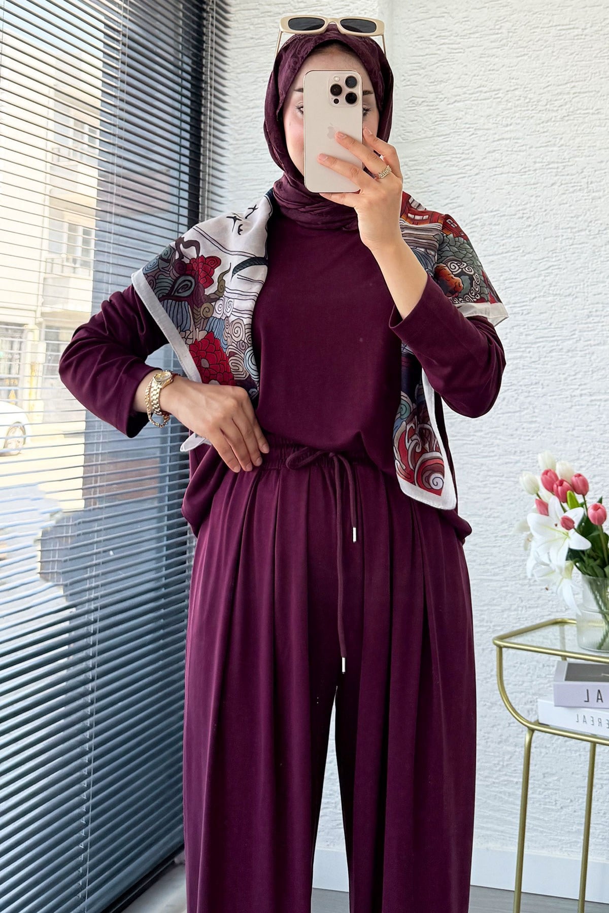 Premium Şalvar Kesim Double Face Pantolon Takım - Mürdüm