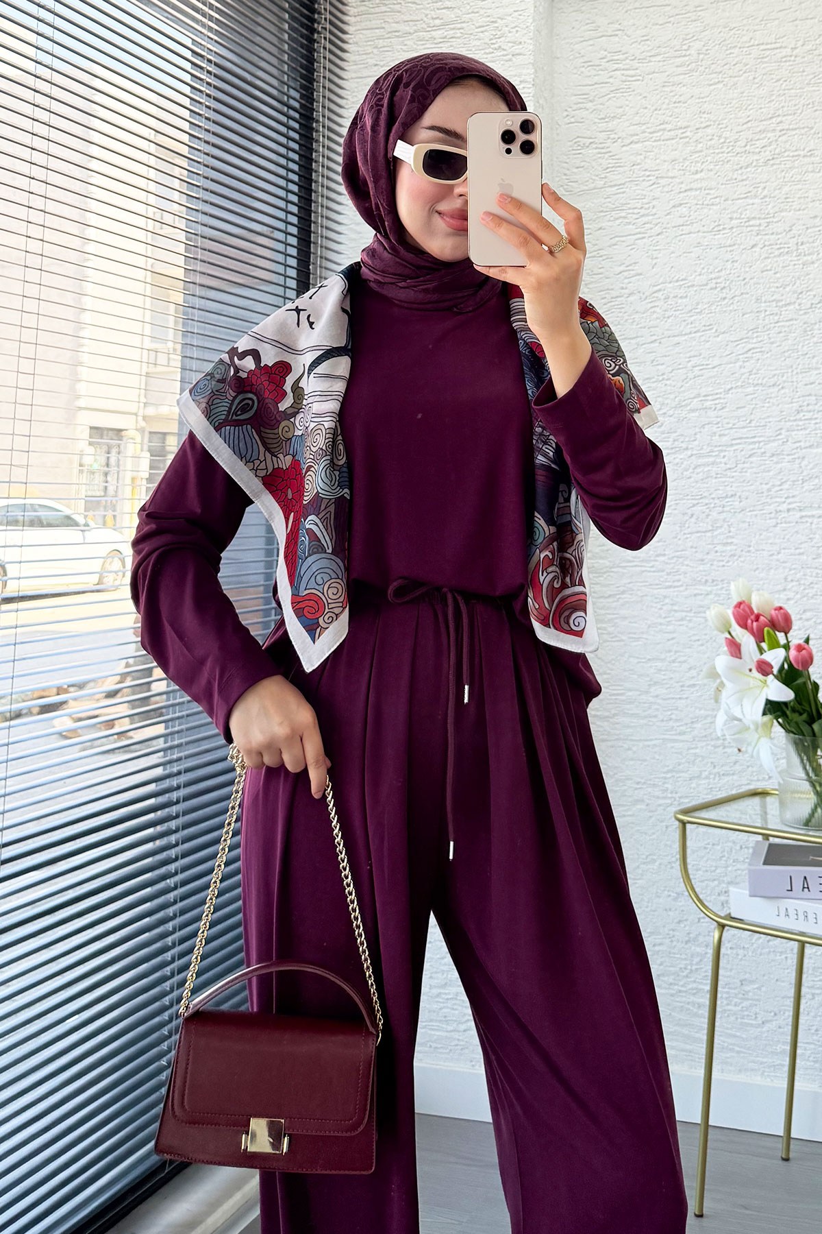 Premium Şalvar Kesim Double Face Pantolon Takım - Mürdüm